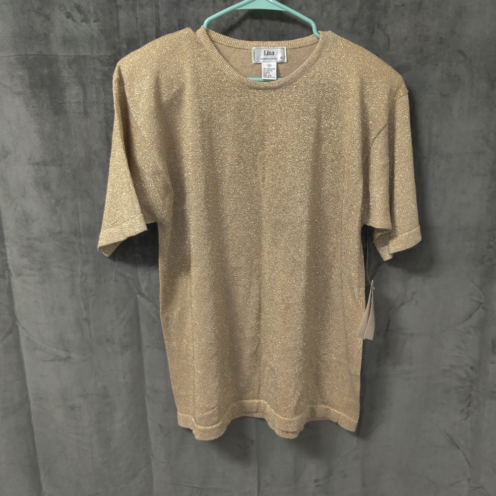 Lisa Gold Sparkle Short Sleeve Top Size Medium NWT